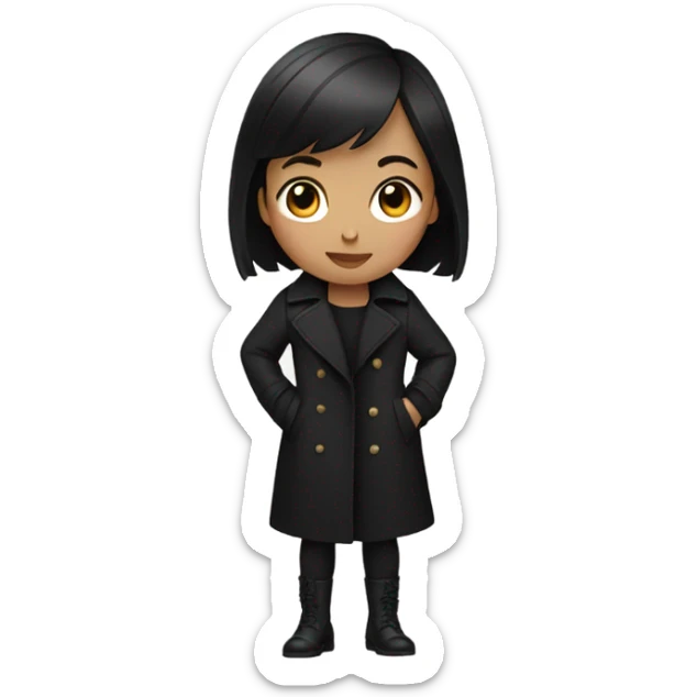 A girl with short black hair , wearing a black trench coat sticker