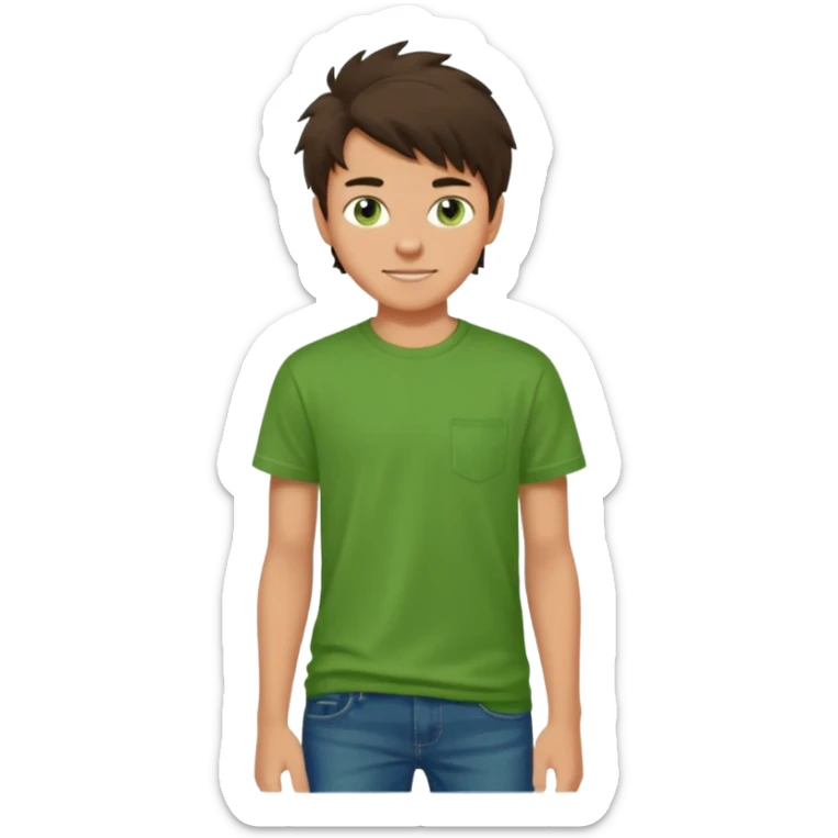 A 14 yerar old teenage boy, slightly tanned, wearing a green t-shirt , blue jeans and green sneakers with dark brown tousled hair, smirking sticker