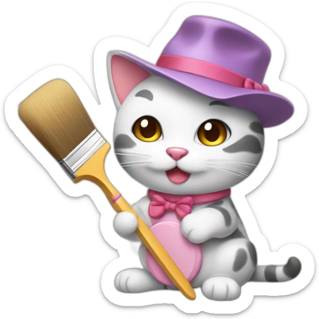 Kawaii cat artist in hat holding palette and brush so it can be used as a mouse cursor sticker