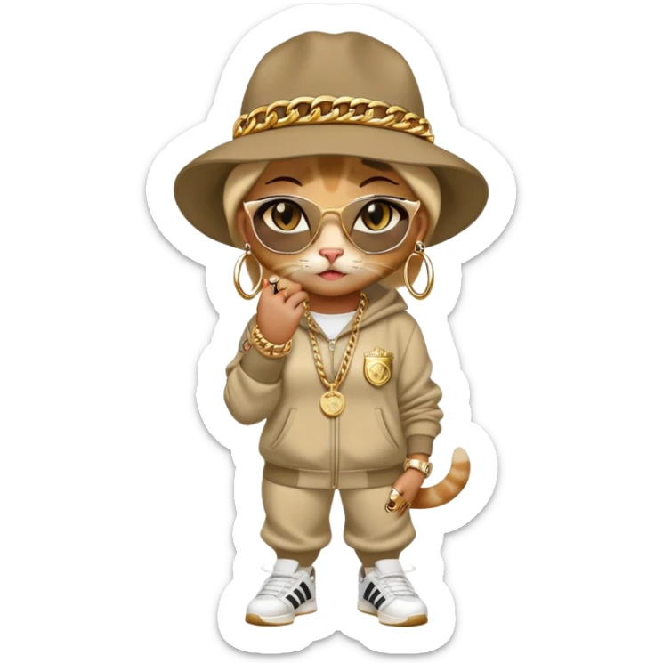 female cat wearing Run DMC hip-hop outfit with tracksuit, fedora, Adidas sneakers, many gold chains, rings, bracelets, flashy earrings, whispering to a friend, no sunglasses sticker