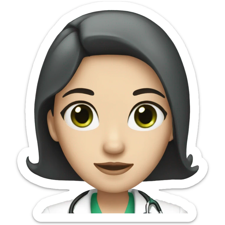 White Female doctor with green eyes, long black hair and a crown sticker