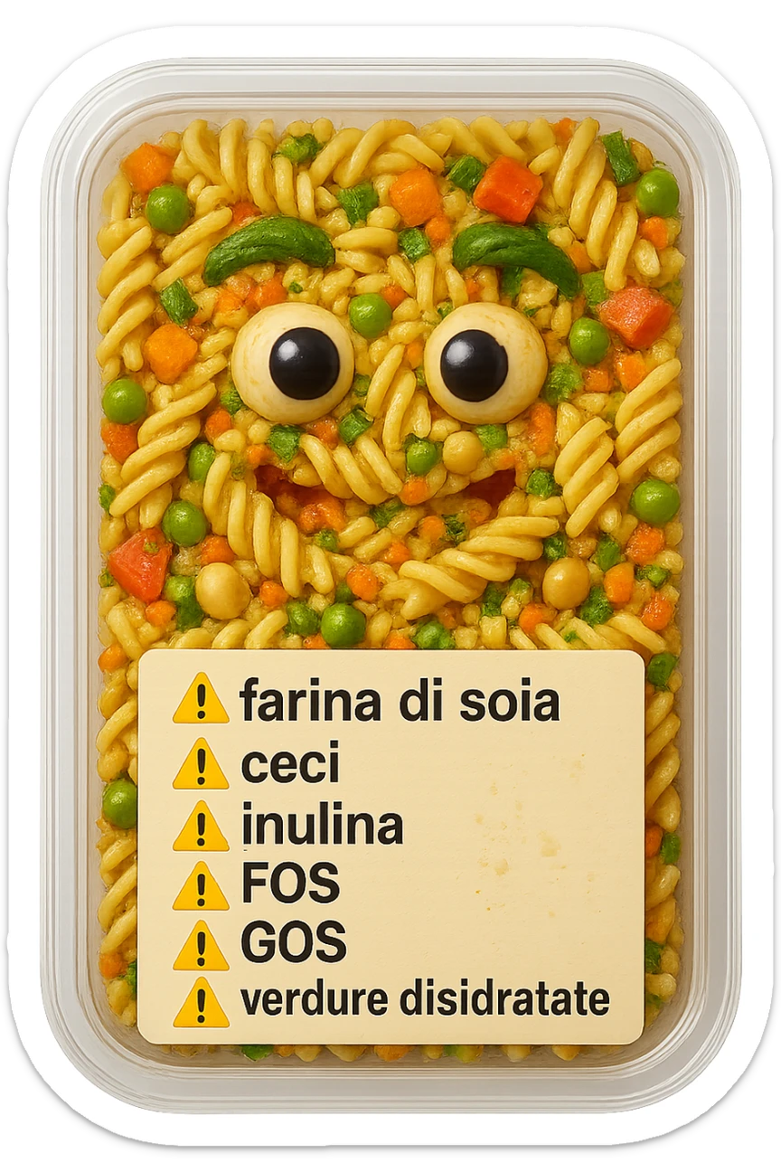SU QUESTO STILE FAI UN EMOJI STILE IPHONE 3D DI UN insalata di pasta precotta preconfezionata con ETICHETTA CON GLI INGREDIENTI SCRITTI, "farina di soia, ceci, inulina, FOS, GOS, verdure disidratate" accanto ad ogni nome scritto mettici un segnale di allarme, FALLO MOLTO REALISTICO IN 3D sticker