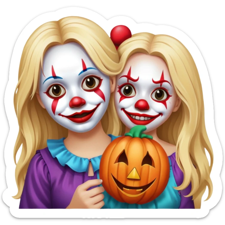 heartbroken blonde girl with long hair holding isolated happy clown Halloween mask beside her face  sticker