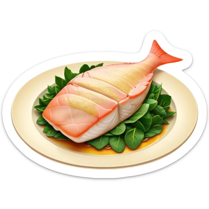 Cinematic fresh snapper fillet, pan-seared to golden perfection, soft and flaky texture, resting on a bed of sautéed greens, warm glowing background, refined and elegant. sticker