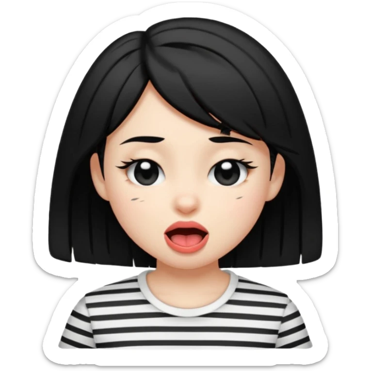 Black-haired girl, short to the neck, wearing white shirt with black stripes, With his head sideways, winking one eye, and sticking out his tongue  sticker