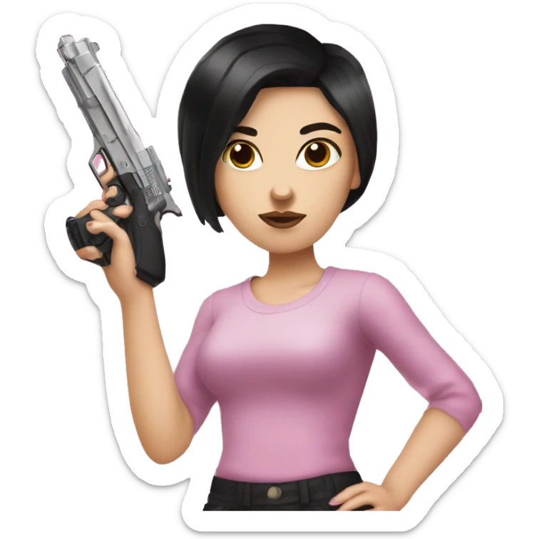 White Girl with black hair hand pink nails holding pink gun sticker