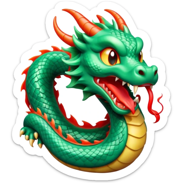 Cinematic Cute Yawning Chinese Serpent Dragon Portrait Emoji, Head gently inclined with a dramatic, wide-open yawn, revealing an elegantly elongated body with softly glowing jade and vermilion scales, enriched by subtle, ethereal cloud and ripple motifs; rendered with authentic detail and delicate natural light, high shine, relaxed yet wise, styled with a dash of ancient mystique, soft glowing outline, capturing the essence of a drowsy but venerable celestial dragon ready to drift into a serene, timeless slumber! sticker