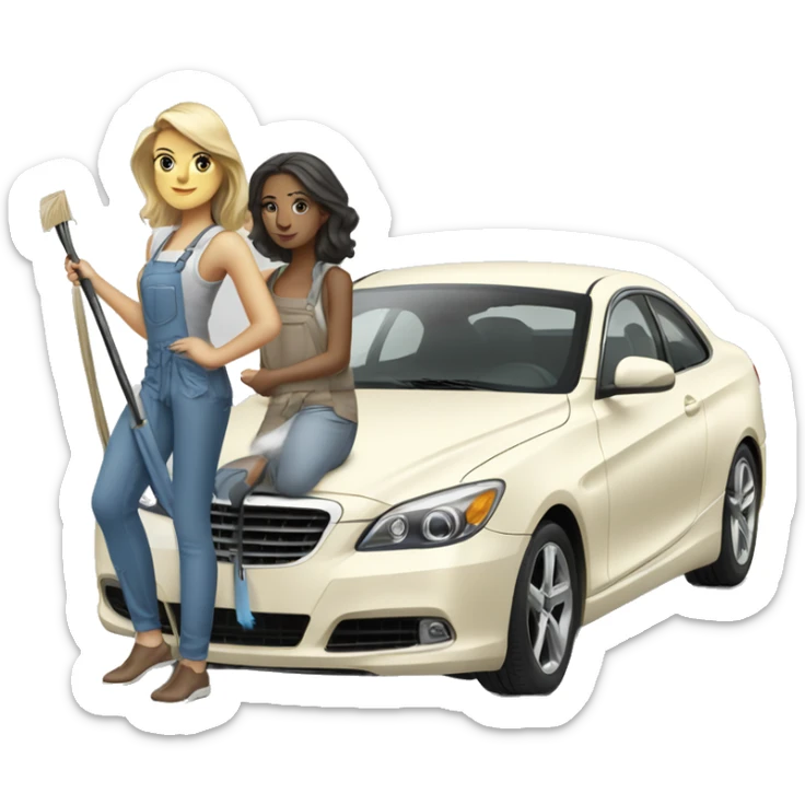 Two white tan girls cleaning a expensive car with fashion clothes  sticker