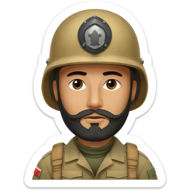 VERY TIRED, swarthy, Iraqi soldier in a helmet, helmet without insignia, with a beard sticker