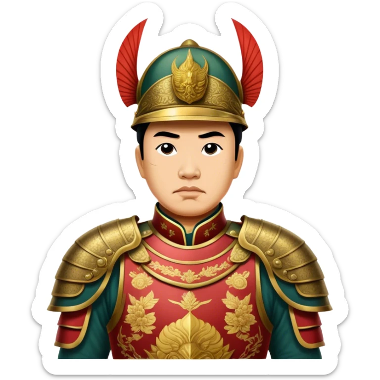Trần Hưng Đạo – Cinematic Realistic Portrait of Trần Hưng Đạo, depicted as a revered Vietnamese general in traditional armor with a determined gaze, rendered with intricate historical textures and dynamic lighting that highlights his legendary martial spirit and leadership. sticker