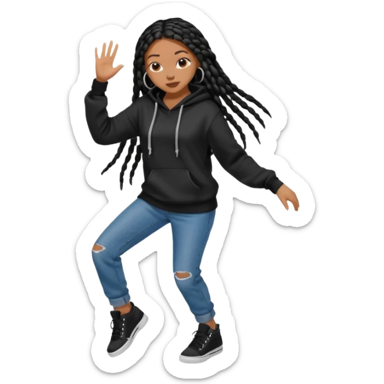 African American girl with long black box braids wearing a plain black hoodie wearing denim jeans and shoes dancing in music video sticker