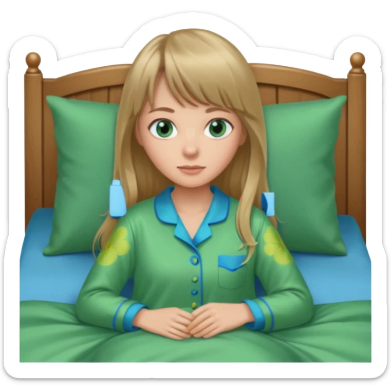 Woman with long dark blond hair and bang woth blue eyes alone in bed  with green pyjama sticker