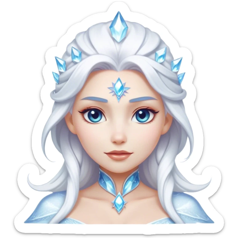 Cinematic Majestic Snow Queen Portrait Emoji, rendered in a clean, vector-style with bold, simplified shapes. Show Elsa with a serene, noble expression, luminous icy skin and gracefully styled platinum hair adorned with subtle crystalline accents, her attire minimal yet majestic. The design radiates a cool, crystalline glow with high shine and a soft glowing outline, embodying timeless, frosty elegance. sticker