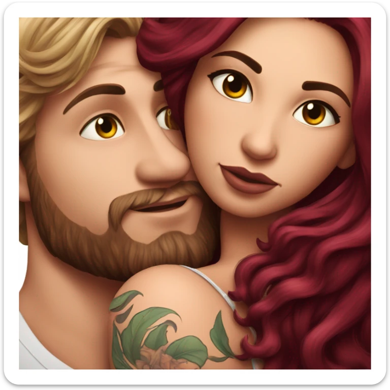 Beautiful tattooed burgundy long haired woman laying on her boyfriends chest sticker