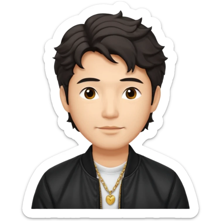 Handsome and mature Asian guy wavy hair, wearing necklace, dressed cool in black bomber jacket, demure but with a smirk  sticker