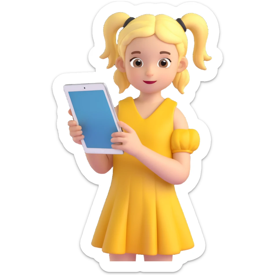 kid holding an iPad, girl with pigtails, yellow dress, looking at the screen sticker