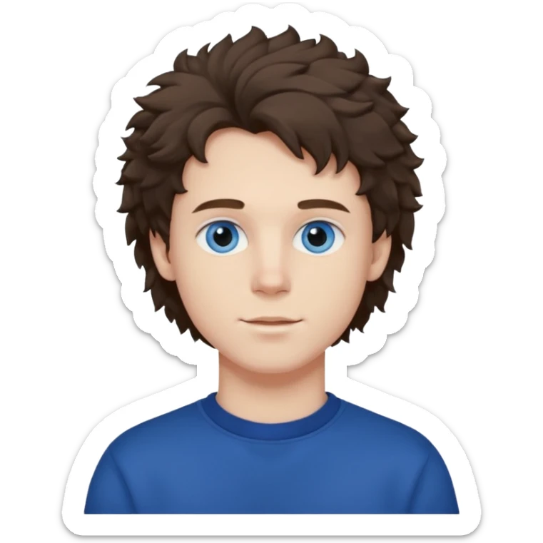 male , blue eyes , pale skin , brunette fluffy hair , dark blue sweatshirt sticker