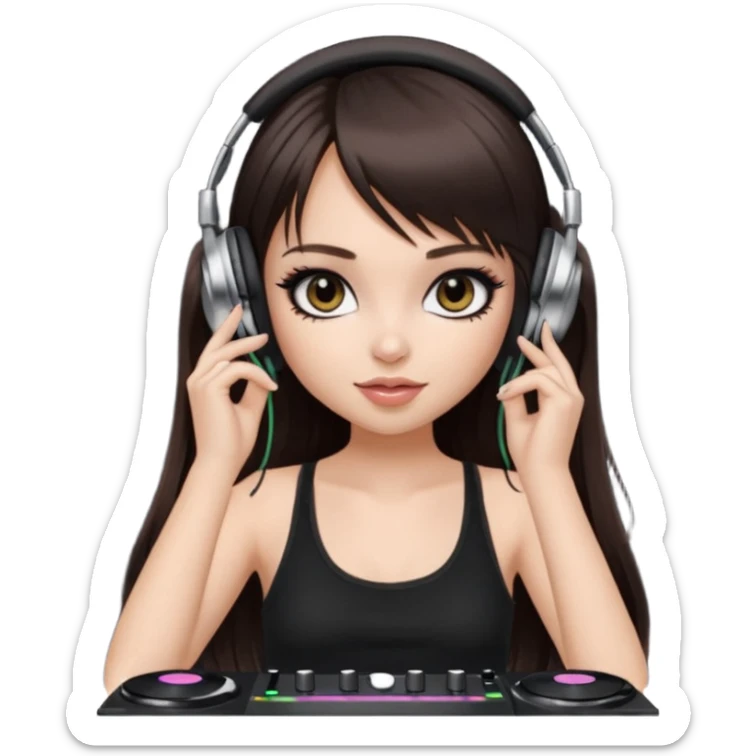 generate a pretty bratz girl in black cami top, dark brown straight long hair with bangs, eyeliner on, djing, fair sticker