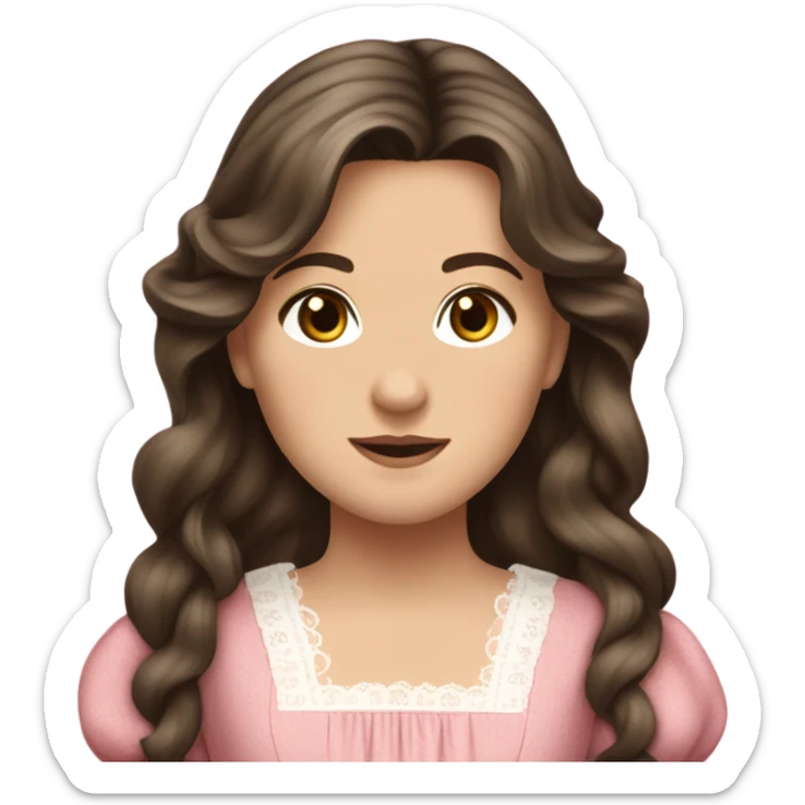 Carrie Ingalls pretty with long dark brown wavy hair realistic and detailed wearing a pink dress sticker