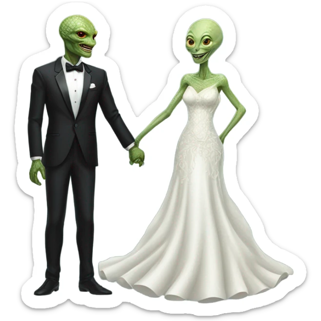 Alien reprilian woman in wedding dress and one humman man in a tuxedo holding hands getting married sticker