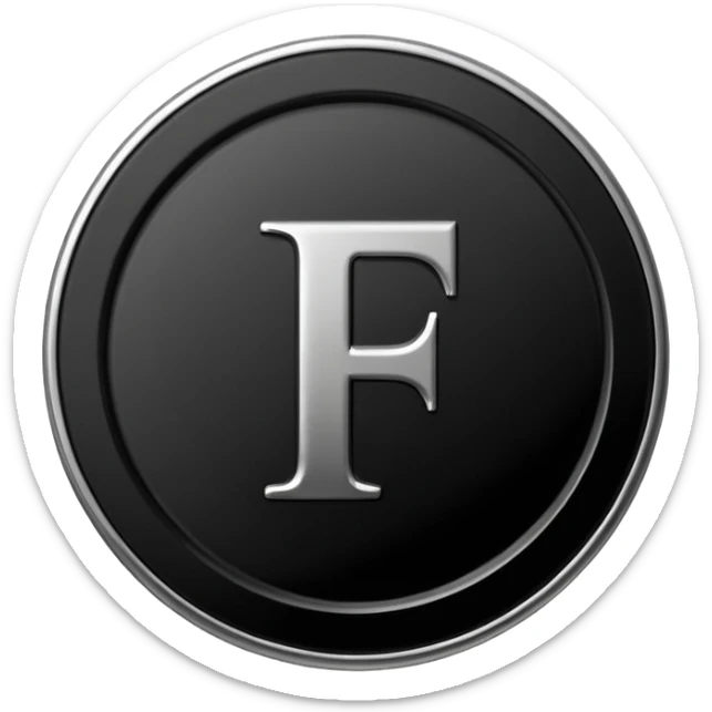 Emoji icon of a black coin with engraved letter F, minimalist style, isolated sticker