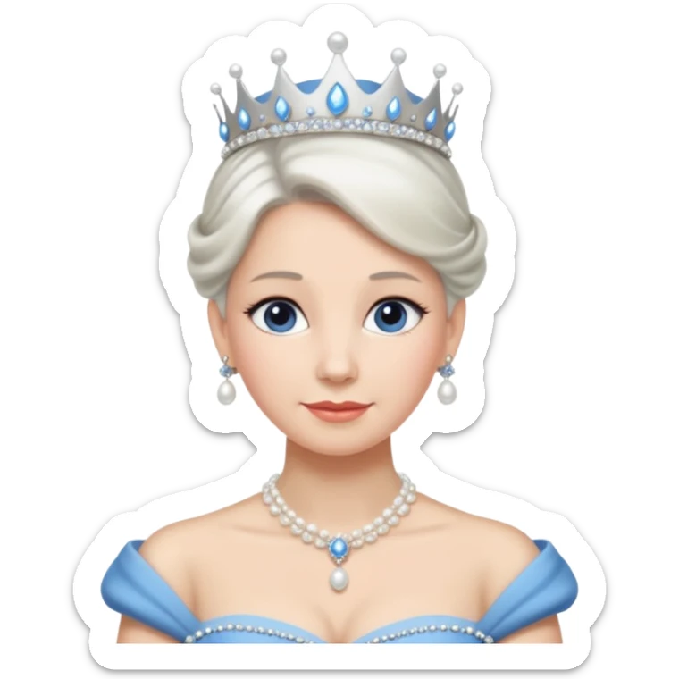 Queen with white bun hair – silver tiara, pearl necklace, elegant gown, blue dress sticker