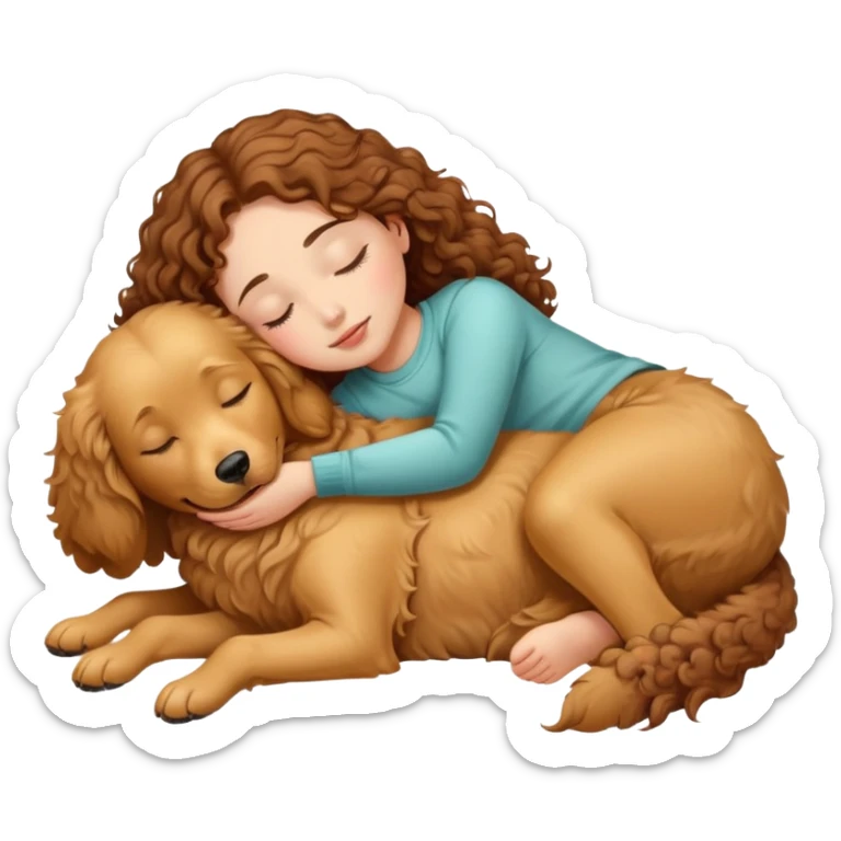 a girl with brown curly hair sleep on a golden retriever dog sticker