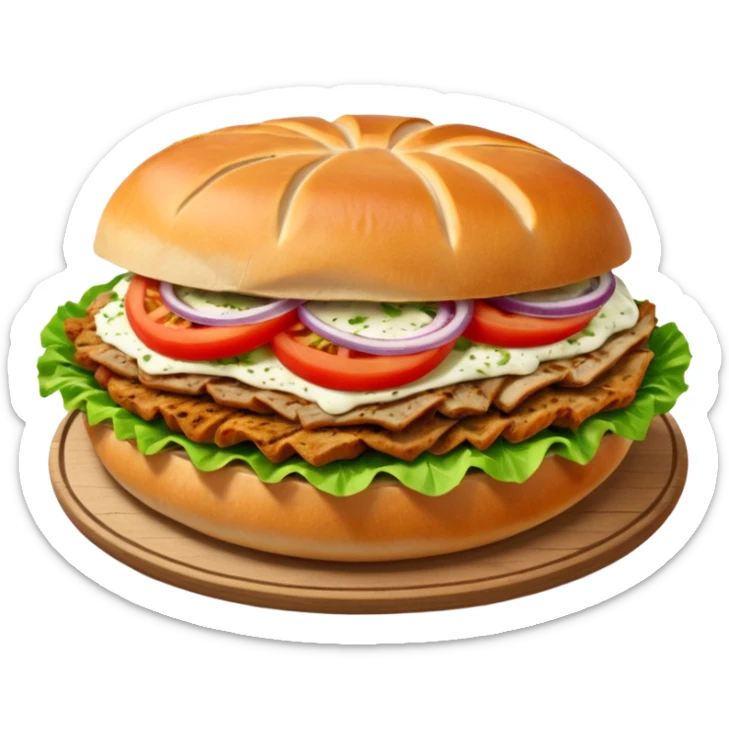 Döner‑Fladenbrot, frisch aufgebacken, leicht geröstet, gefüllt mit saftigem Dönerfleisch, knackigem Salat, Tomaten, Zwiebeln und Kräutersauce. Warme Food‑Fotografie, hohe Details, weiches Licht, Fokus auf Texturen, appetitlich, moderne Restaurant‑Ästhetik, natürliche Farben. sticker