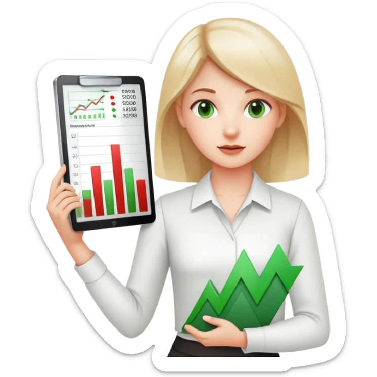 Girl showing financial reports, positive green ascending chart in one hand and negative red descending chart in other hand sticker