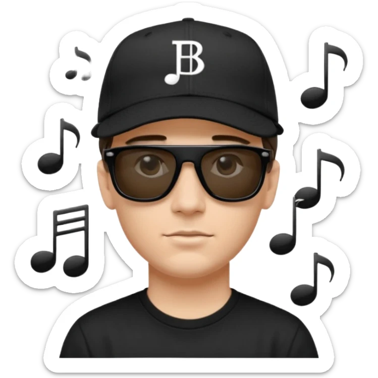 Emoji of a white man with short dark brown hair under a black baseball cap, wearing a black t‑shirt and 1980s‑style black Ray‑Ban rectangle sunglasses black lenses, with black musical notes floating around his head,  sticker