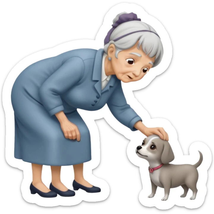 Old woman bent over from waist to floor trying to pick up dog sticker