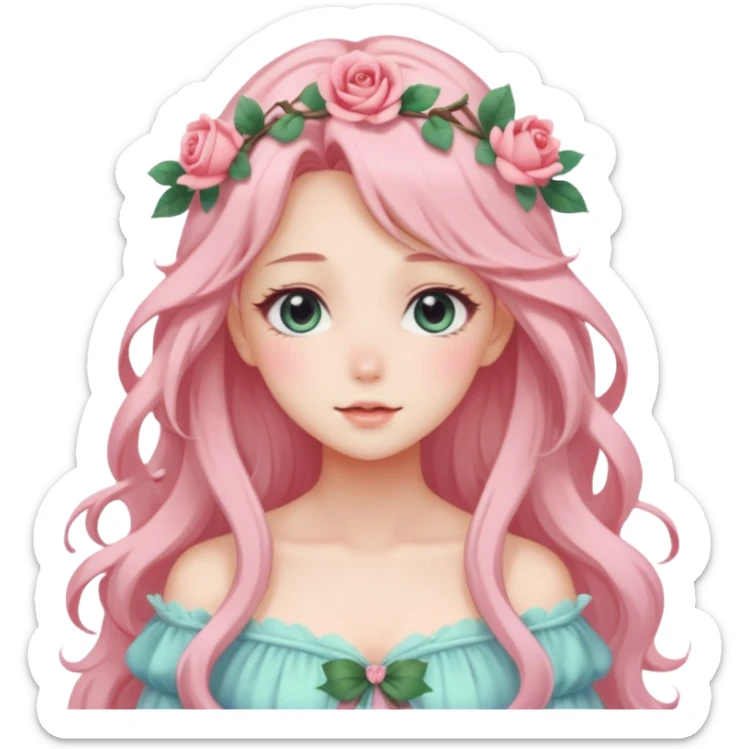 gorgeous pastel anime style lady with blushing face and roses cottagecore fairy sticker