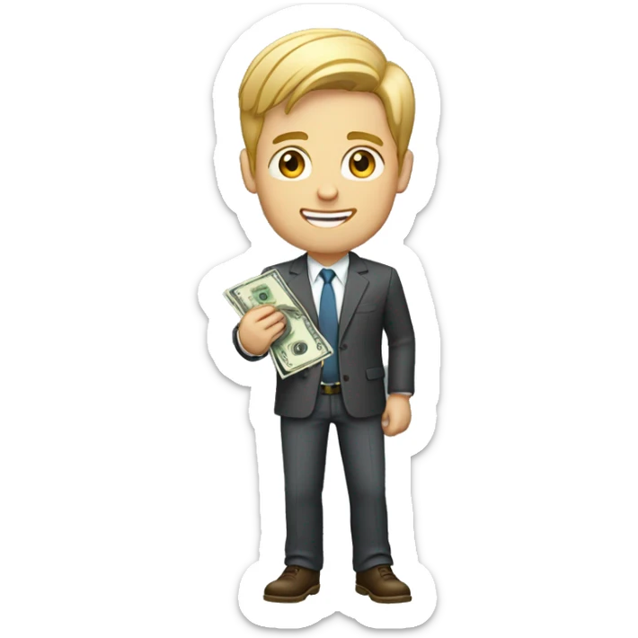a young  white and with blonde male with money in his right hand. He is dressed with a business casual style sticker