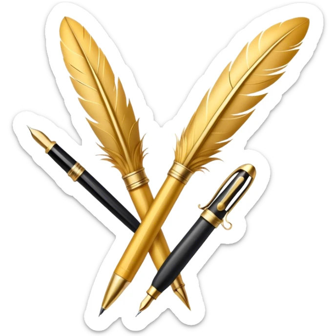two golden quills with feathers and fountain pen tips crossing in front of each other like an X sticker