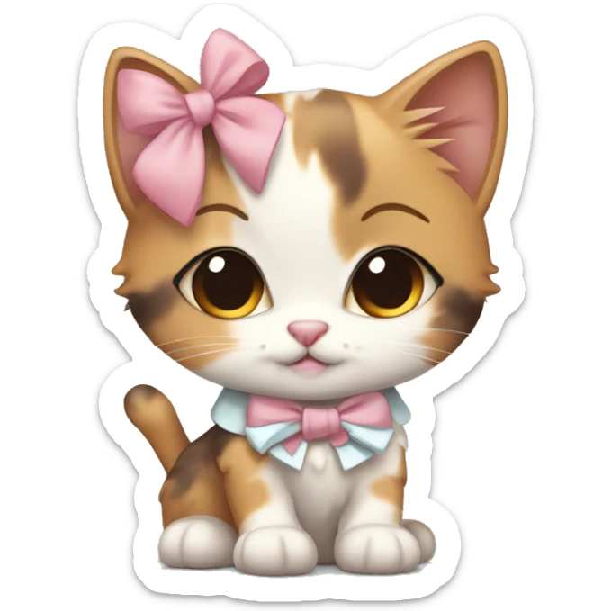 Cute calico kitten sisters wearing bows. One sister with a darker face than the other sticker