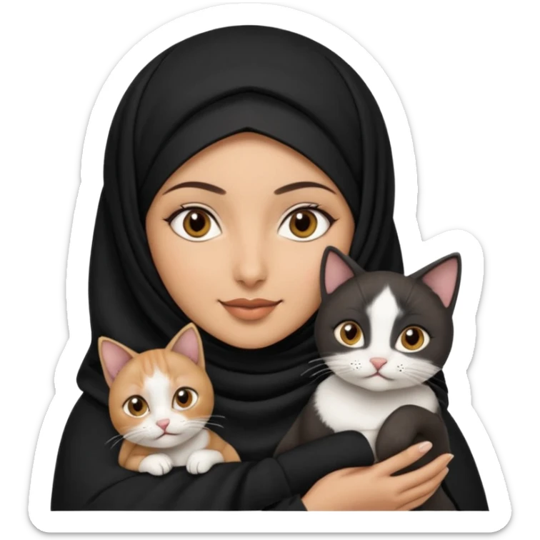A Arabic woman human with brown eyes and black hijab. , the human is a human, she carry two cat is black and white and the other cath is black and white,,  NO EARS ON THE HUMAN ,  sticker
