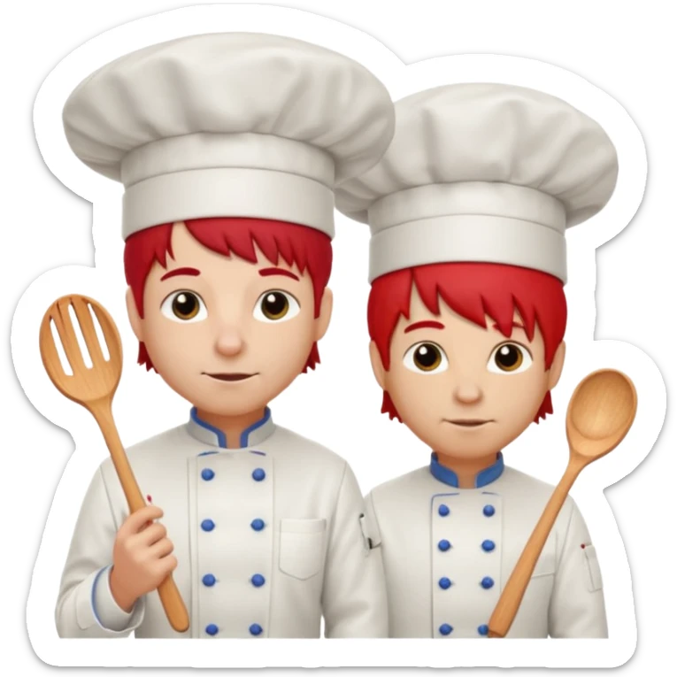 A rat with a fringe, long black hair and chefs and a man with red hair and a chefs hat sticker