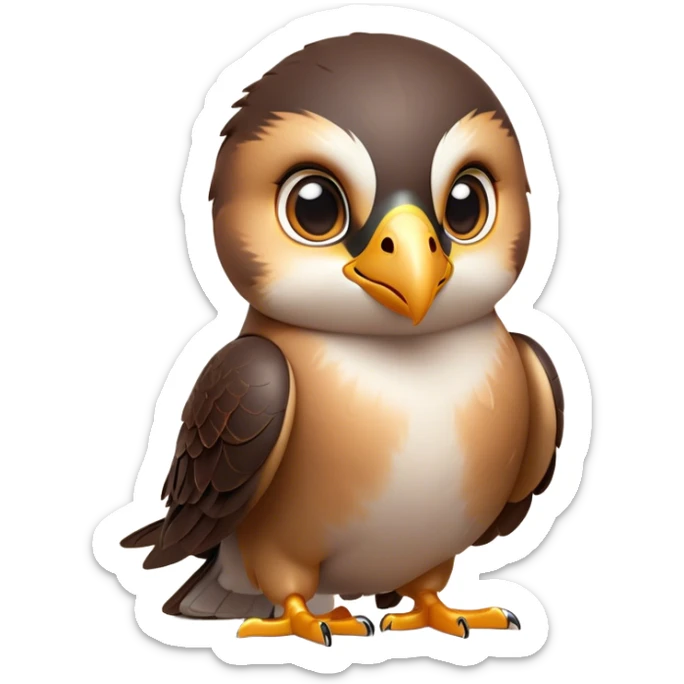 Cinematic Cute Falcon Portrait Emoji, Head tilted playfully and inquisitively, featuring a sleek, agile form with a delicately curved beak and round, sparkling eyes full of spirited charm, Simplified yet irresistibly adorable features, highly detailed, glowing with a warm, inviting glow, high shine, affectionate and lively, stylized with a touch of whimsical aerial grace, soft glowing outline, capturing the essence of a mischievous yet endearing falcon that seems as if it could dart out of the screen into your heart! sticker