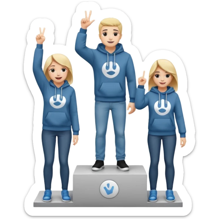three people in jeans and hoodies on a winners podium, black and white, center step higher, no numbers, center person holding up one finger on each hand, cheerful expressive emoji style sticker