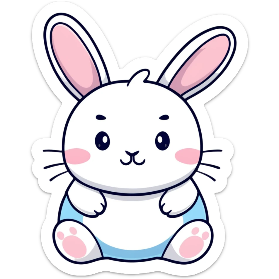 A chubby bunny character in exact Sanrio style like Kuromi and Cinnamoroll, ultra cute, super simplified kawaii design, oversized head on tiny body, rosy cheeks, small dot eyes, simple bow, pastel pink and soft blue colors, pure white face, thick black outline sticker