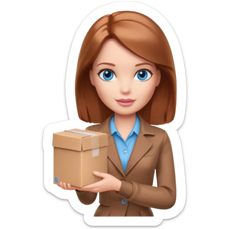 A blue-eyed barbie with shoulder-length reddish-brown hair in brown clothes holds a package box sticker