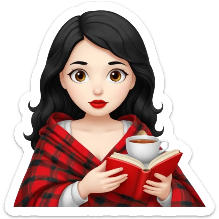 Long wavy Black haired, white skinned, dark big eyed girl with red lipstick wrapped in a blanket, sipping tea and reading a book sticker