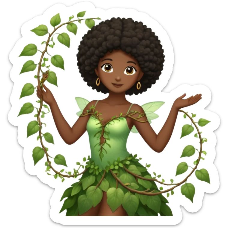 Dreamy nature fairy with brown eyes Afro black hair dark skin touching a vine dancing sticker