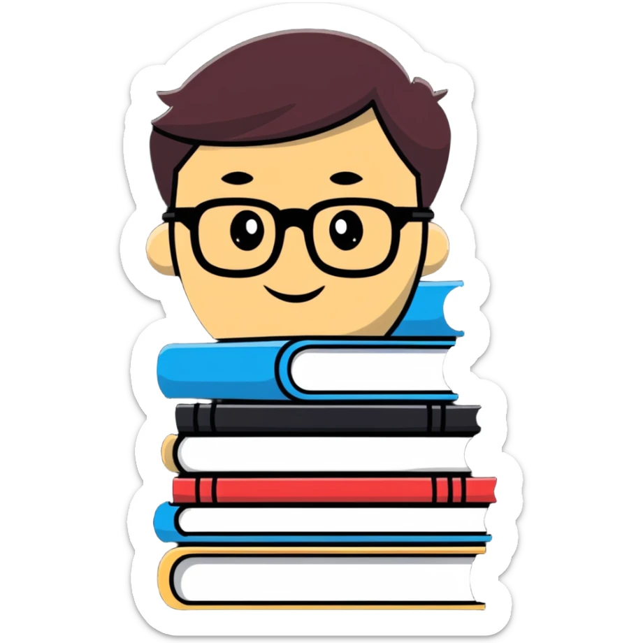 cartoon sticker of an intellectual person with glasses and a stack of books sticker