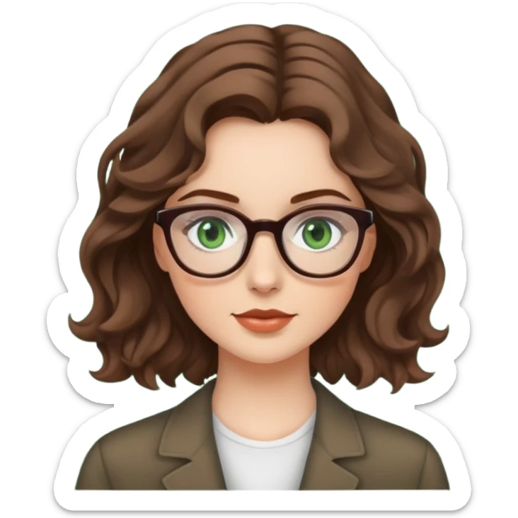 White girl with medium length brown wavy hair, glasses, and green eyes sticker