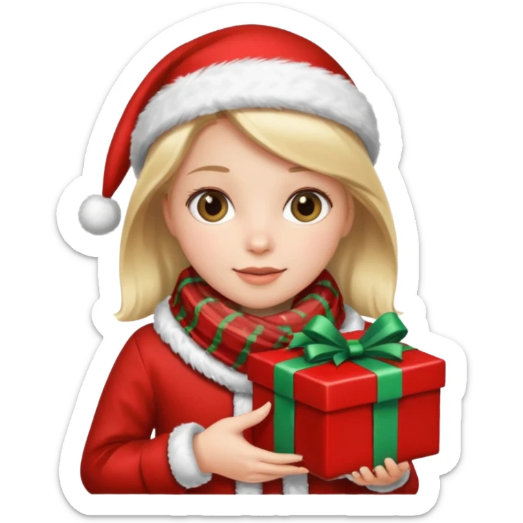 a girl wearing a chirstmas jacket and scarf and holding a christmas gift sticker