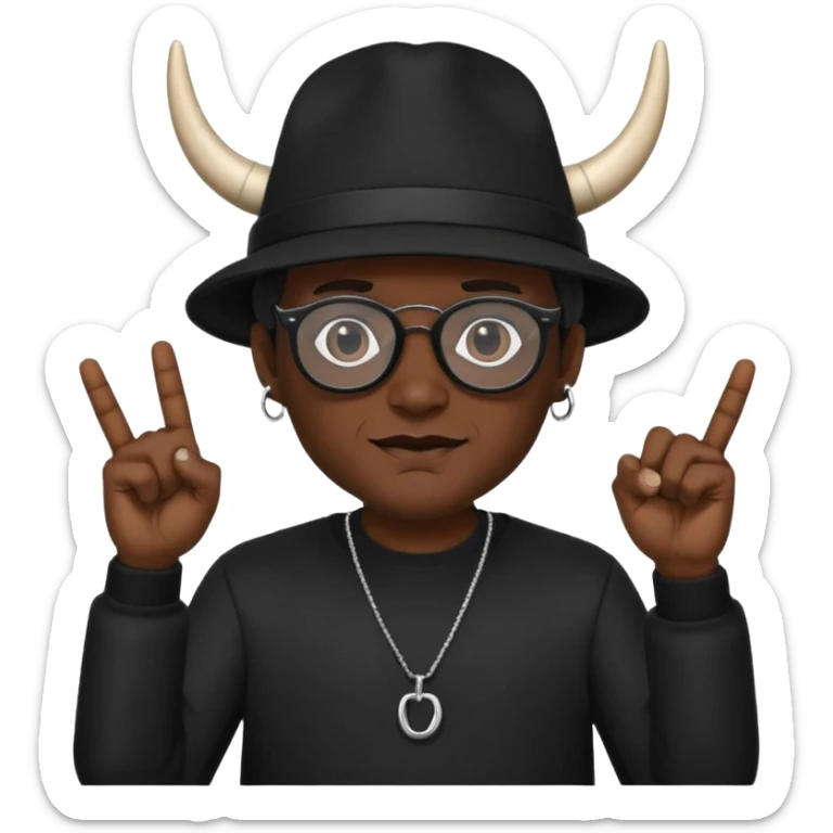 man dressed in black with dark glasses black Lens and a black hat hwo making the horns gesture on each  hands sticker