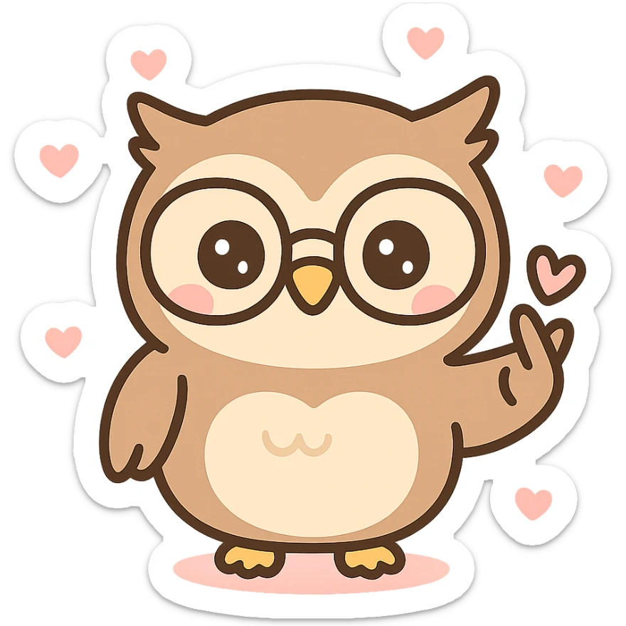 a wise owl with glasses, smiling and holding up the saranghae sign with its wing, cute cartoon style sticker