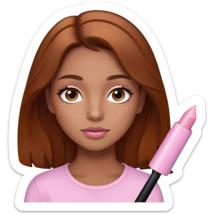 Pretty girl with caramel skin brown hair brown eyes and freckles. Wearing light pink lipgloss and mascara  sticker