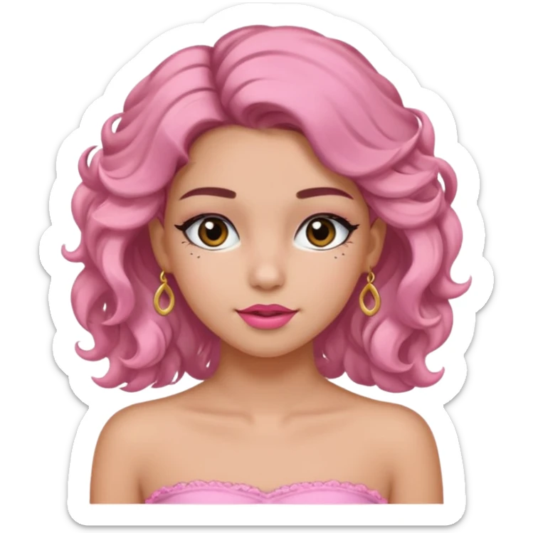 crée moi une jeune fille très belle avec les cheveux bouclés long brune avec un top  sans manche ni brettelles juste un 'bandeau' de couleur rose clair avec un peu de maquillage et des beaux et long  cils un collier en or sticker